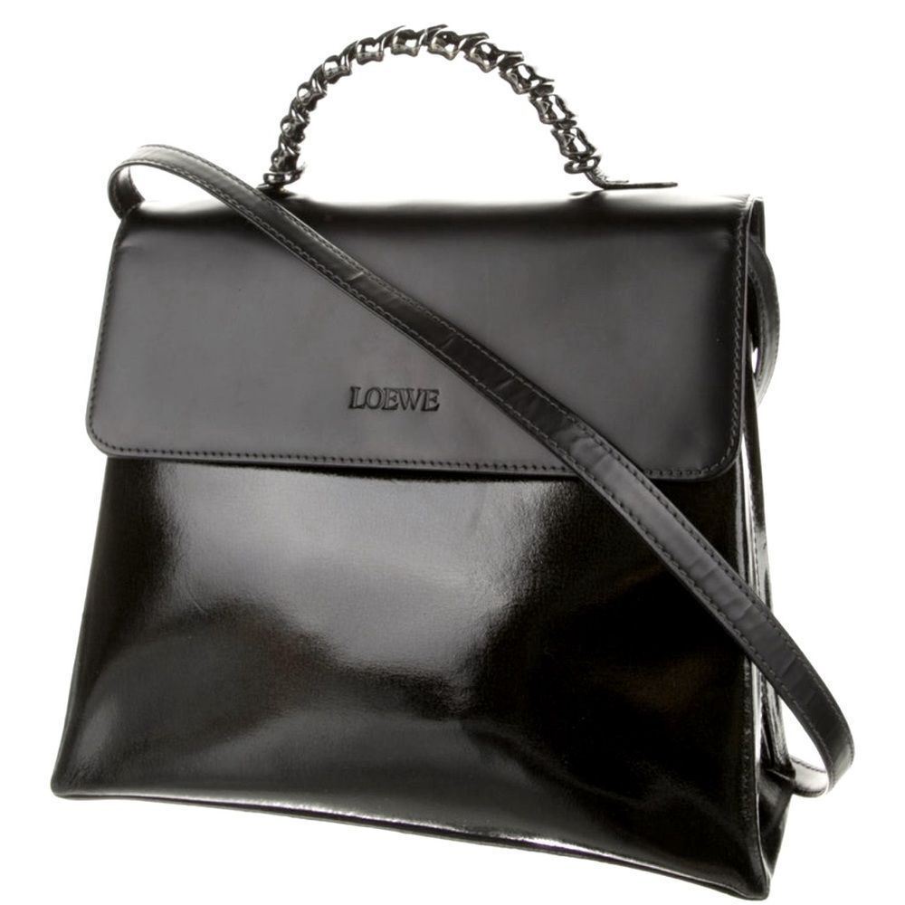Auth Loewe Black Green Leather Top Handle 2way  Satchel Preloved Vtg Purse Bag